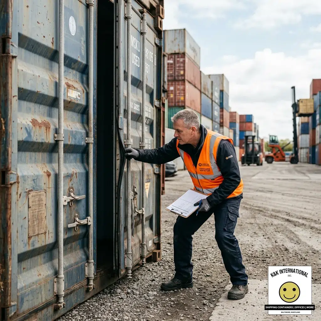 Inspecting a used conex box before purchasing a shipping container
