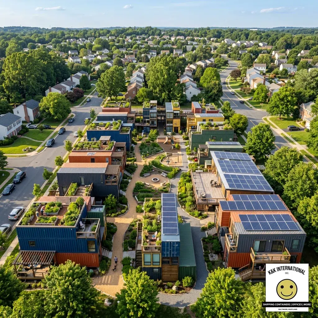 Aerial view of shipping container home community in Maryland
