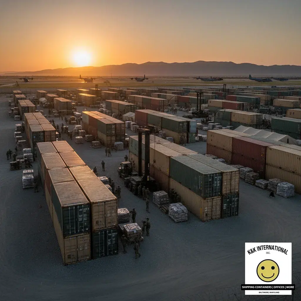 Military shipping containers at K & K International yard Baltimore MD