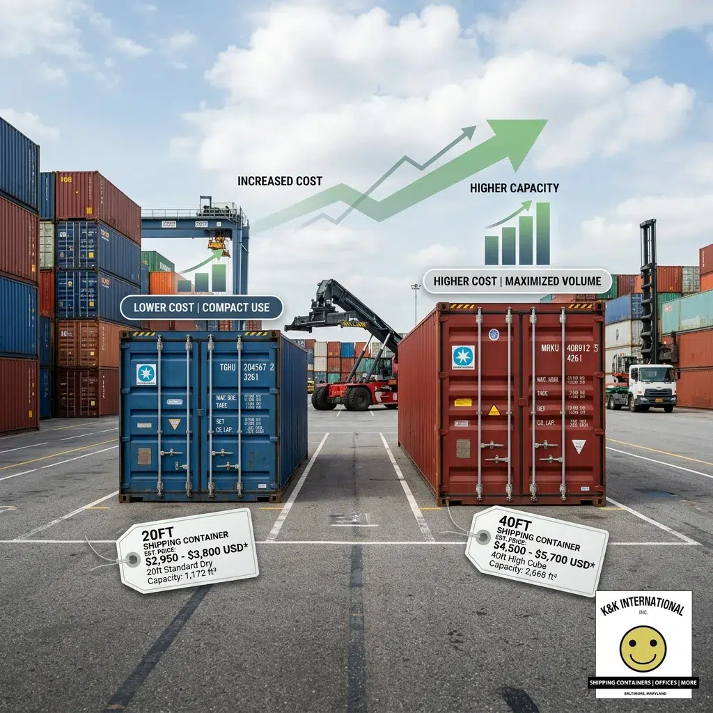 Side by side cost comparison of 20ft and 40ft shipping containers in 2026