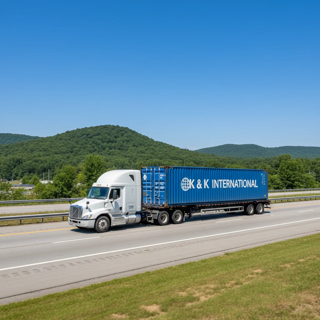 K & K International shipping container delivery truck serving Virginia