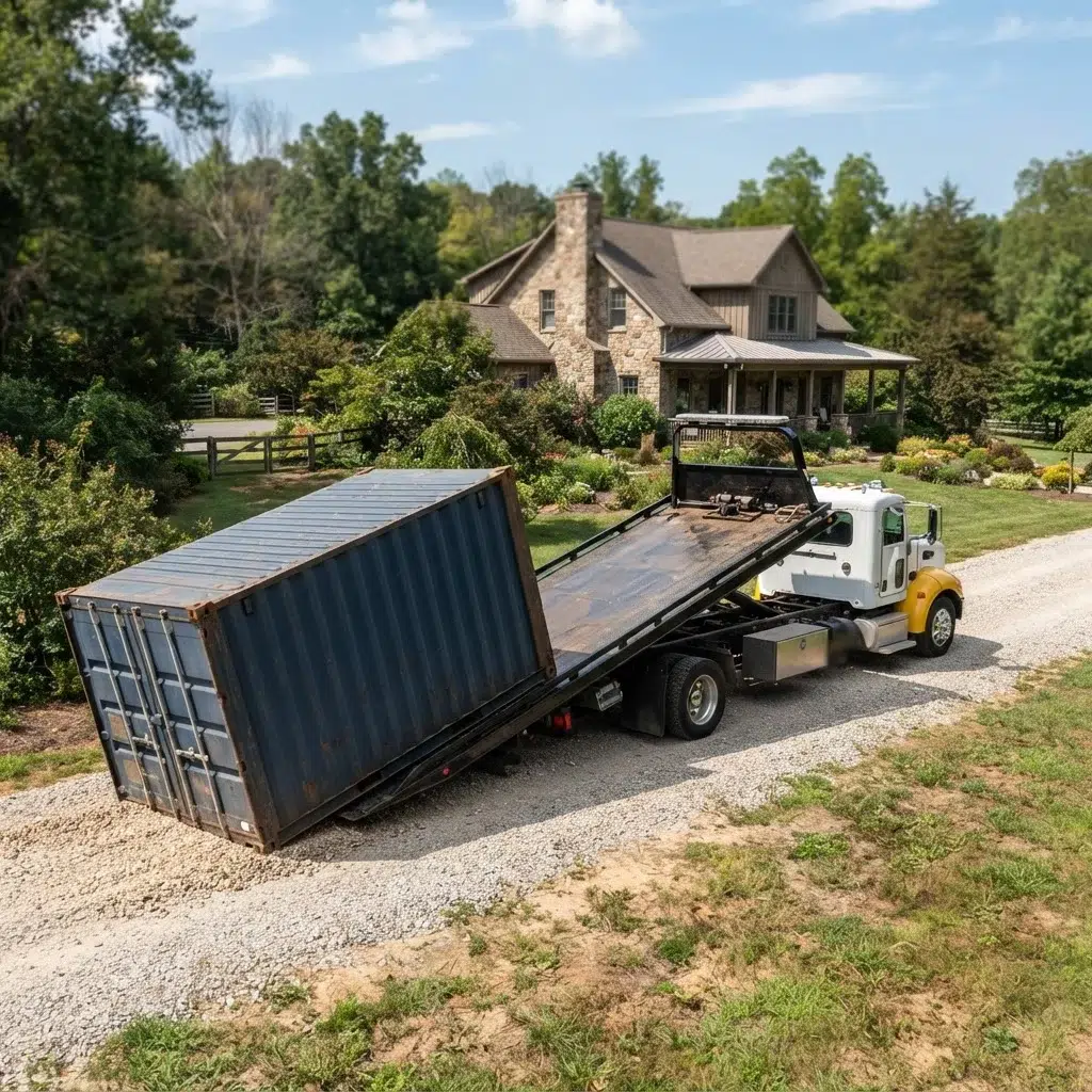 Delivery truck backing up to deliver a shipping container on a graveled driveway
