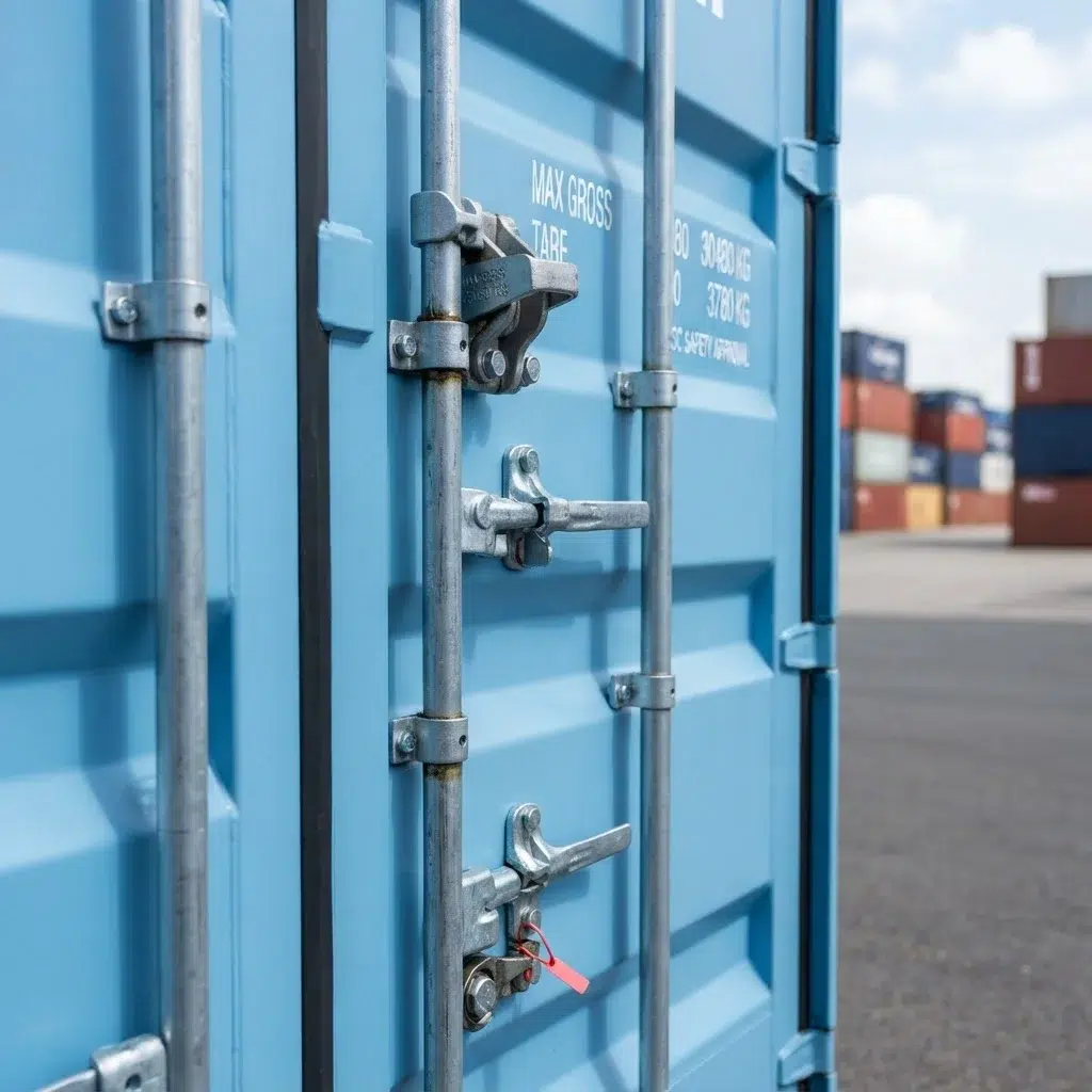 Close-up of locking bars and clean paint on a one-trip container door